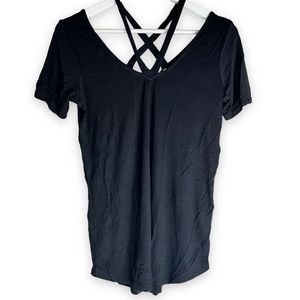 NEW Garage Black Reversible V Neck Criss Cross Strappy Shirt Womenโs Size XS